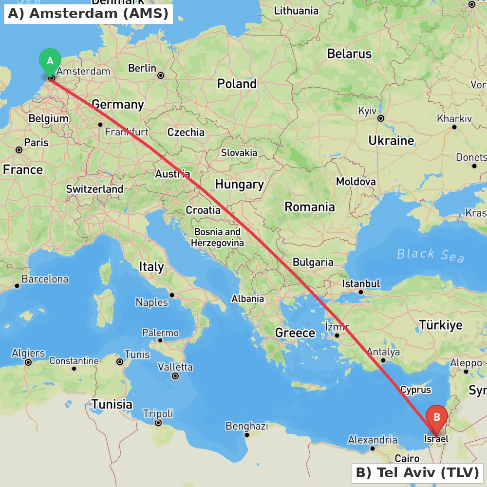 Flight route map from Amsterdam to Tel Aviv