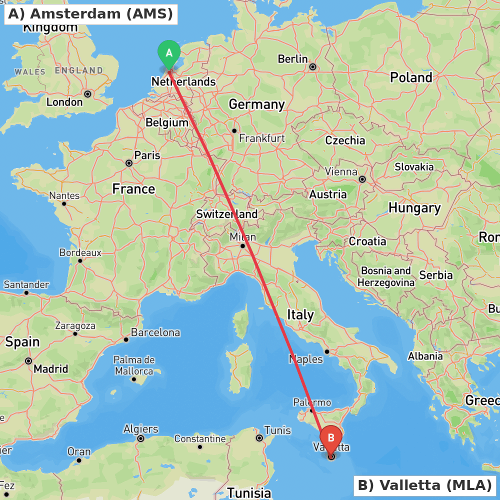 Flight route map from Amsterdam to Valletta