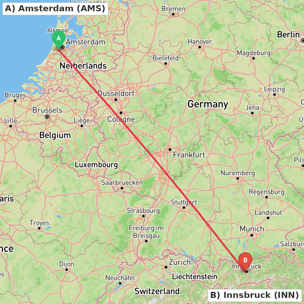 Flight route map from Amsterdam to Innsbruck