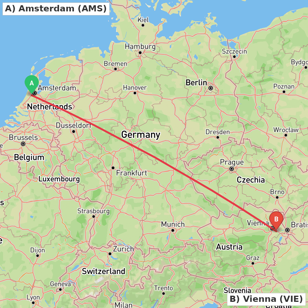 Flight route map from Amsterdam to Vienna