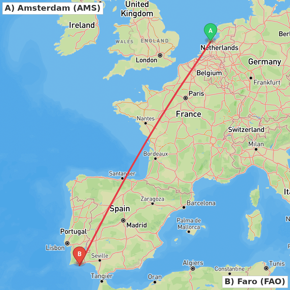 Flight route map from Amsterdam to Faro