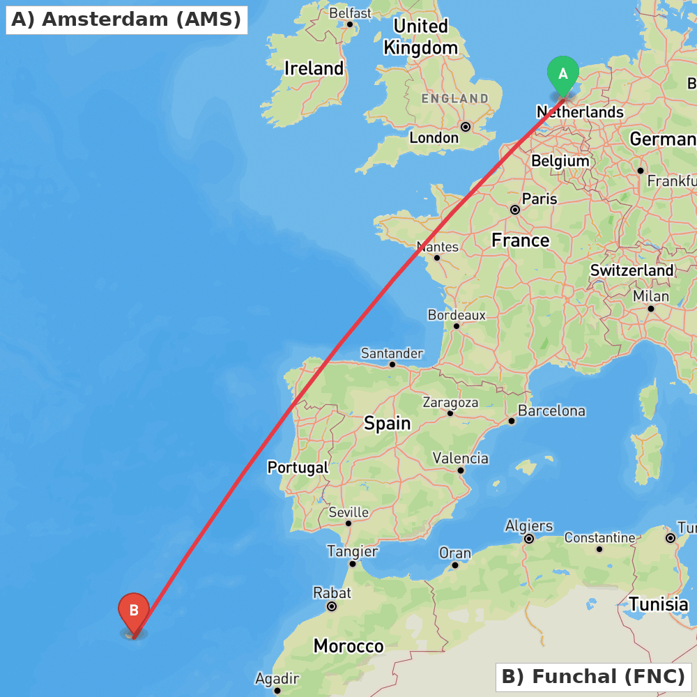 Flight route map from Amsterdam to Funchal