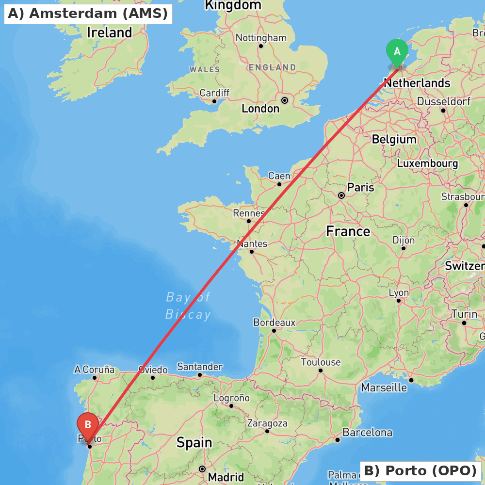 Flight route map from Amsterdam to Porto
