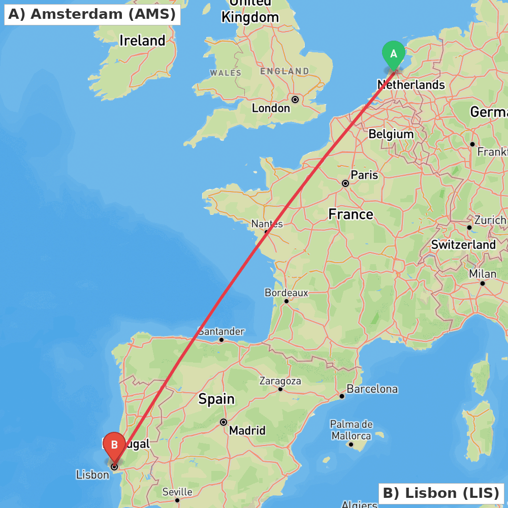 Flight route map from Amsterdam to Lisbon