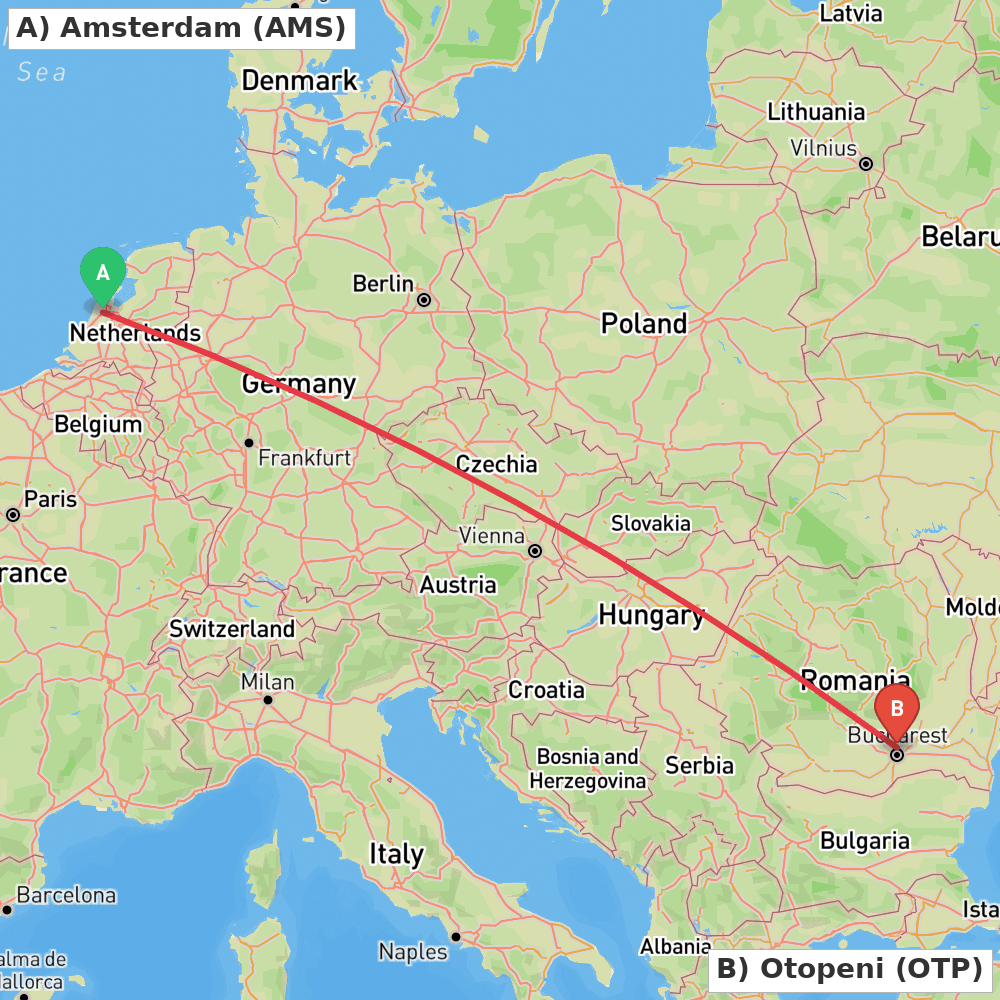 Flight route map from Amsterdam to Otopeni