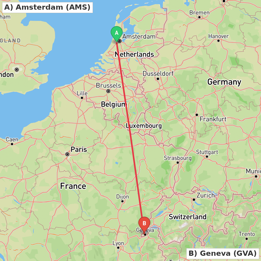 Flight route map from Amsterdam to Geneva