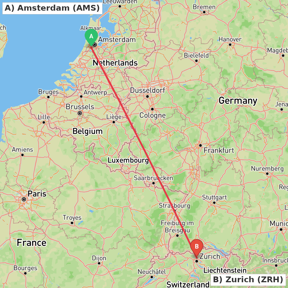 Flight route map from Amsterdam to Zurich