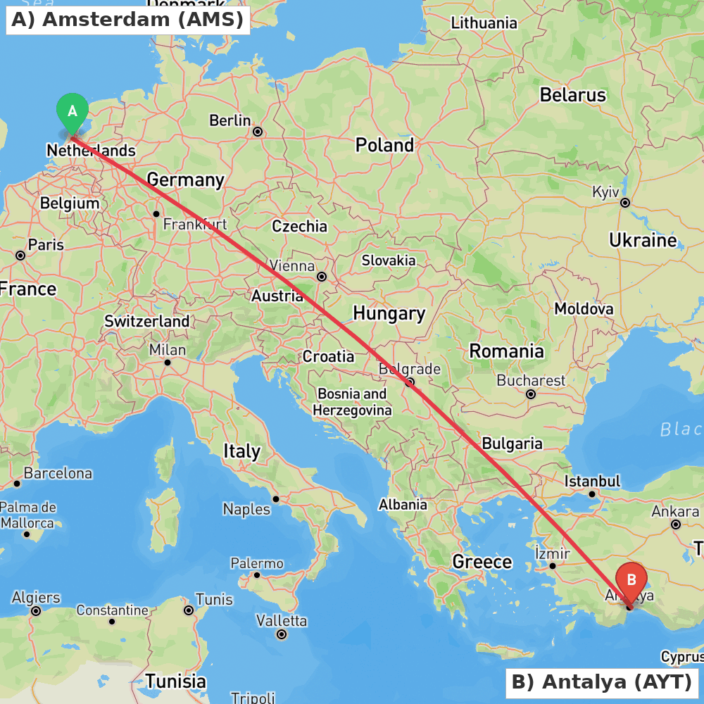 Flight route map from Amsterdam to Antalya