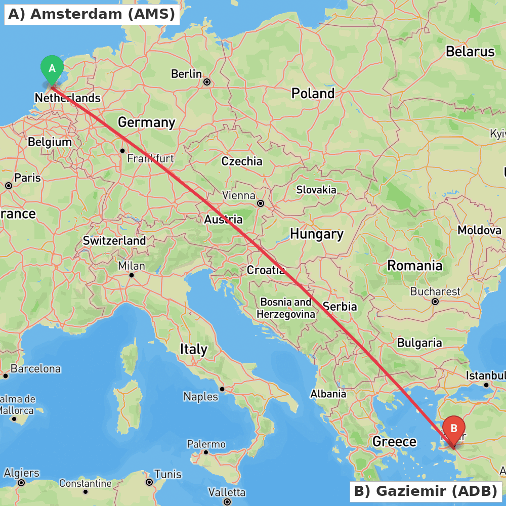 Flight route map from Amsterdam to Gaziemir