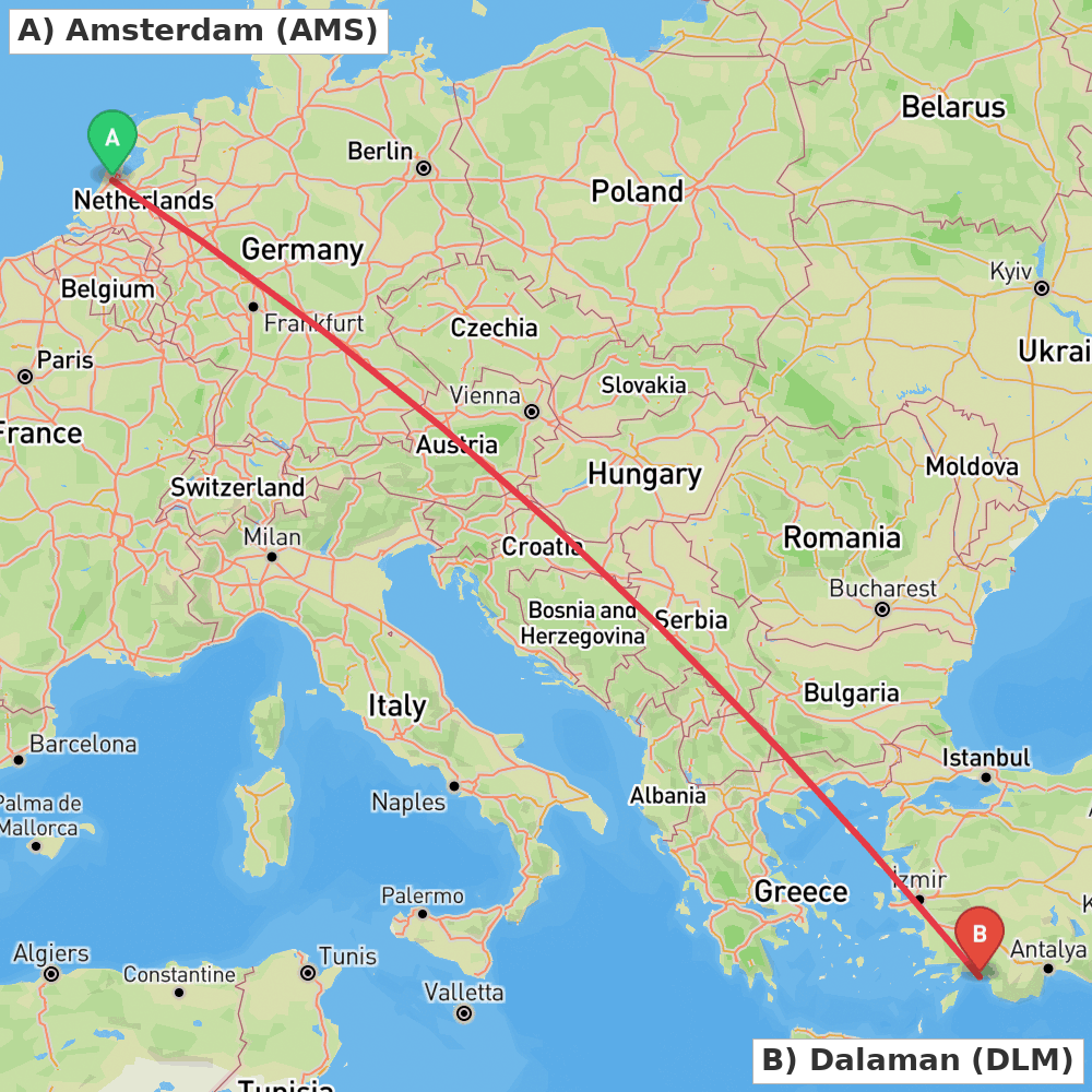 Flight route map from Amsterdam to Dalaman