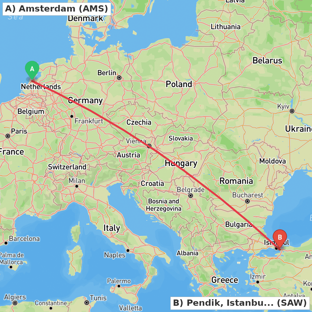Flight route map from Amsterdam to Pendik, Istanbul