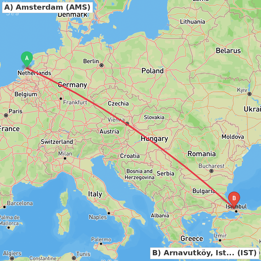 Flight route map from Amsterdam to Arnavutköy, Istanbul