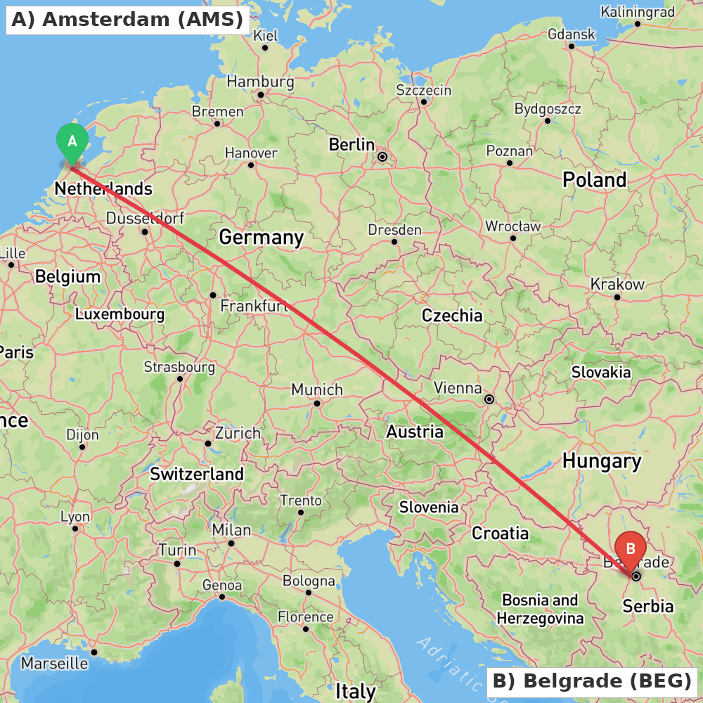 Flight route map from Amsterdam to Belgrade