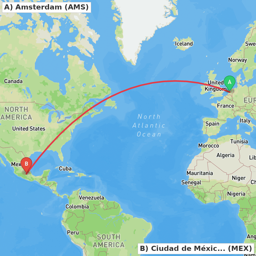 Flight route map from Amsterdam to Ciudad de México
