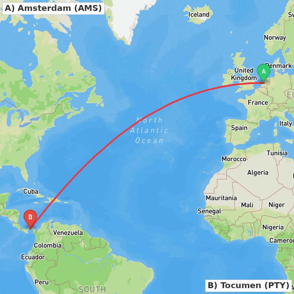 Flight route map from Amsterdam to Tocumen