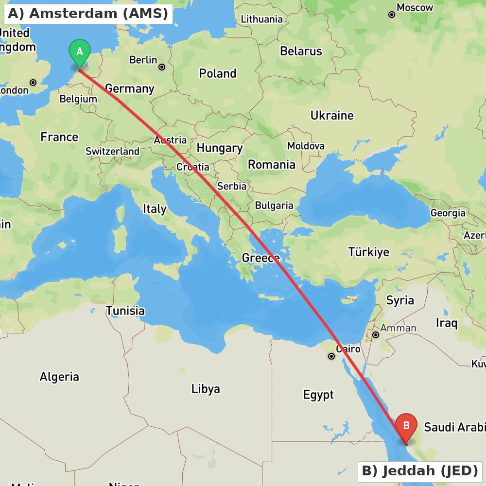 Flight route map from Amsterdam to Jeddah