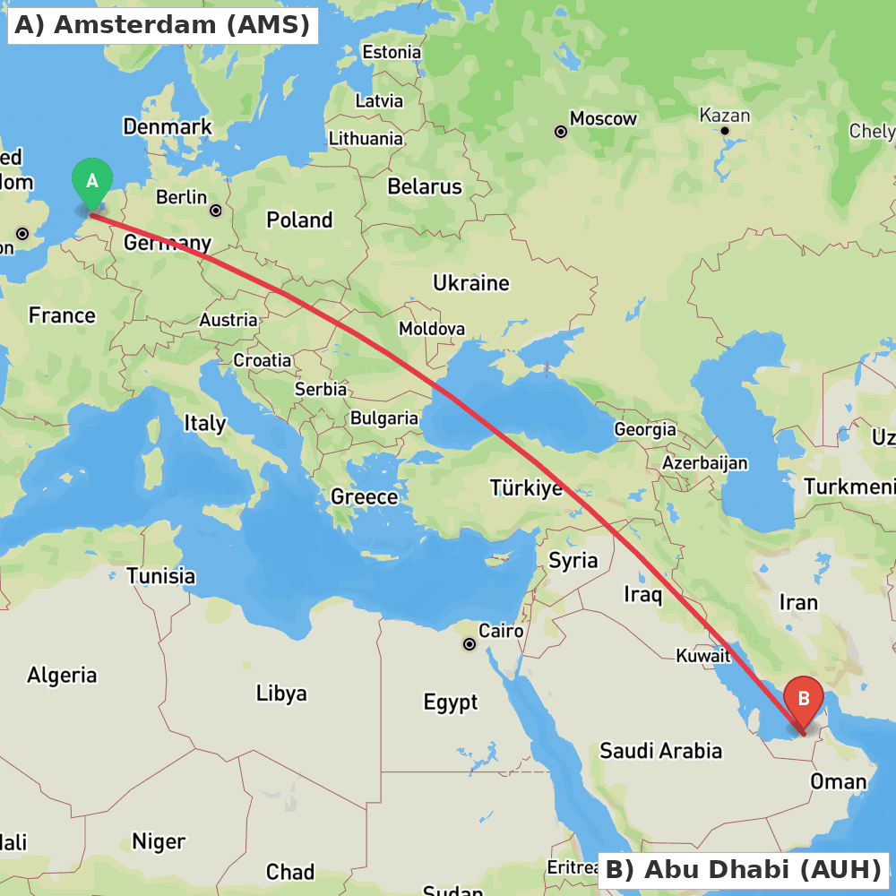 Flight route map from Amsterdam to Abu Dhabi