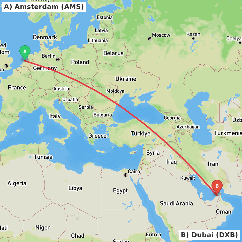 Flight route map from Amsterdam to Dubai