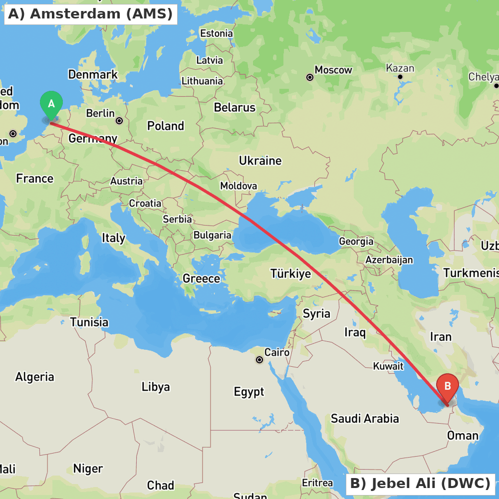 Flight route map from Amsterdam to Jebel Ali