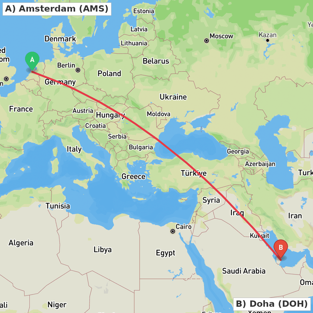Flight route map from Amsterdam to Doha