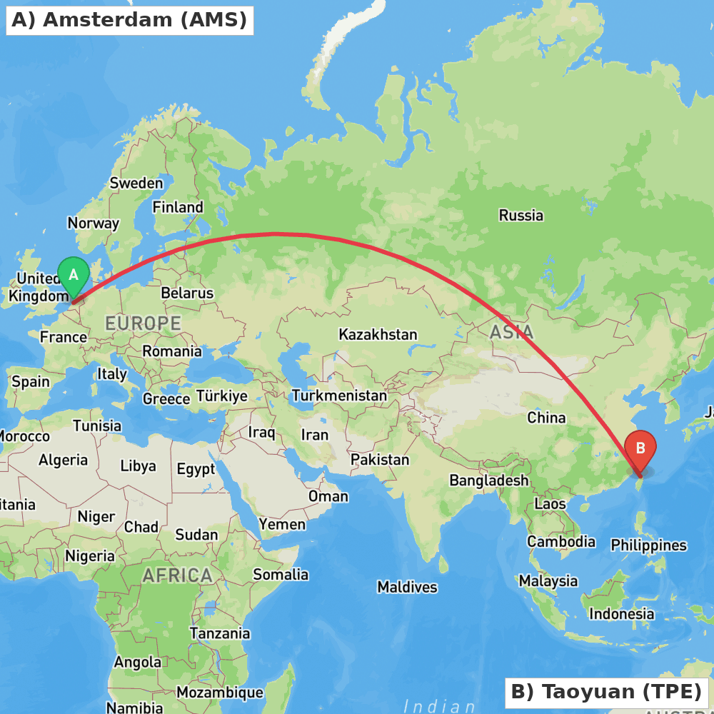 Flight route map from Amsterdam to Taoyuan