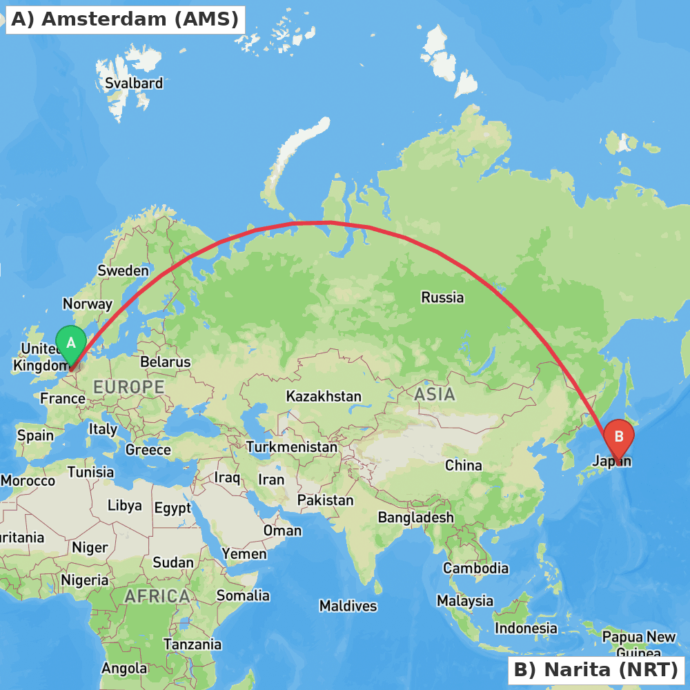 Flight route map from Amsterdam to Narita