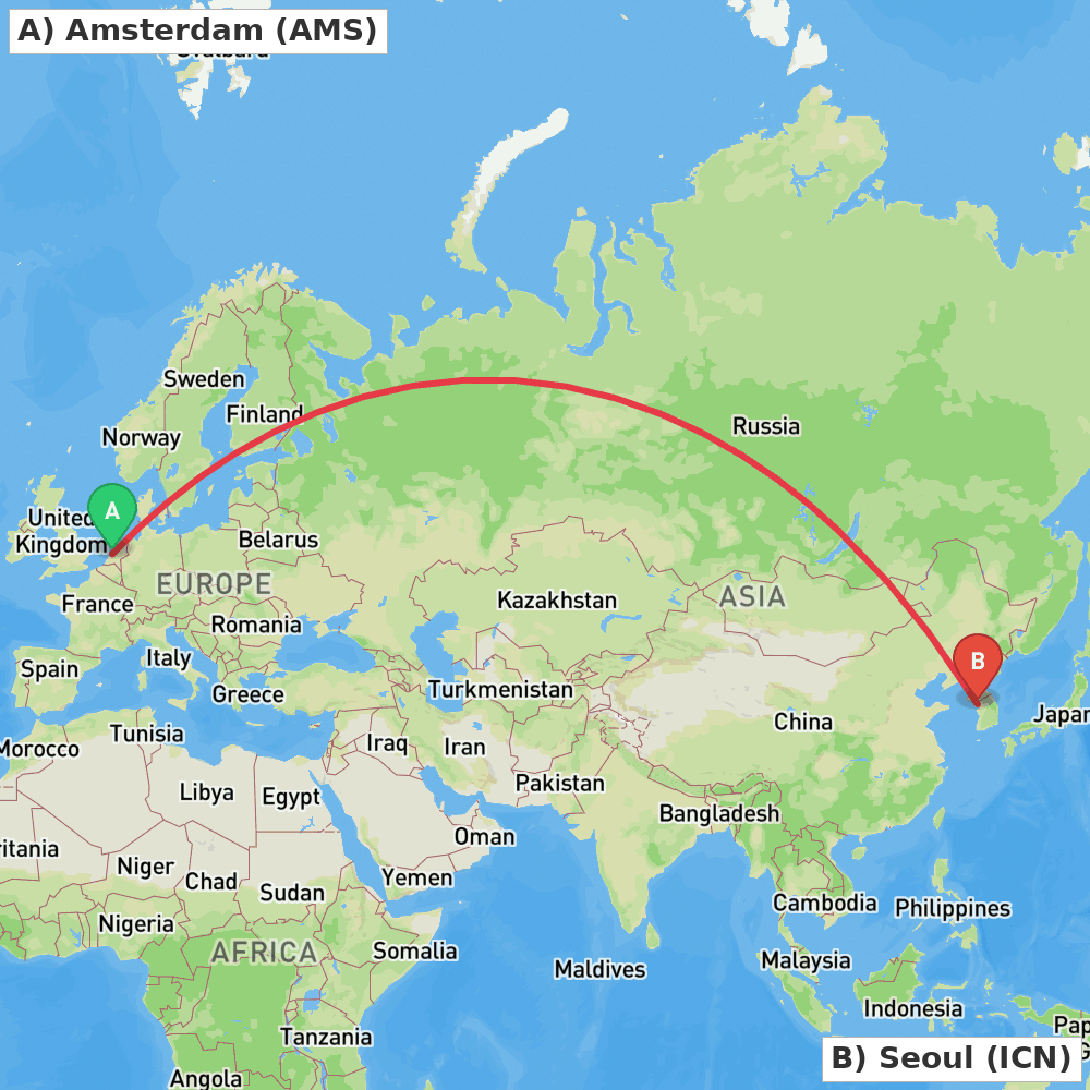 Flight route map from Amsterdam to Seoul