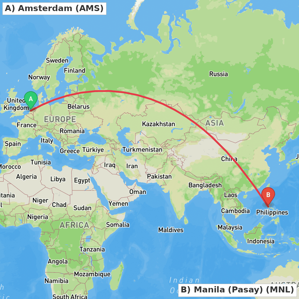 Flight route map from Amsterdam to Manila (Pasay)