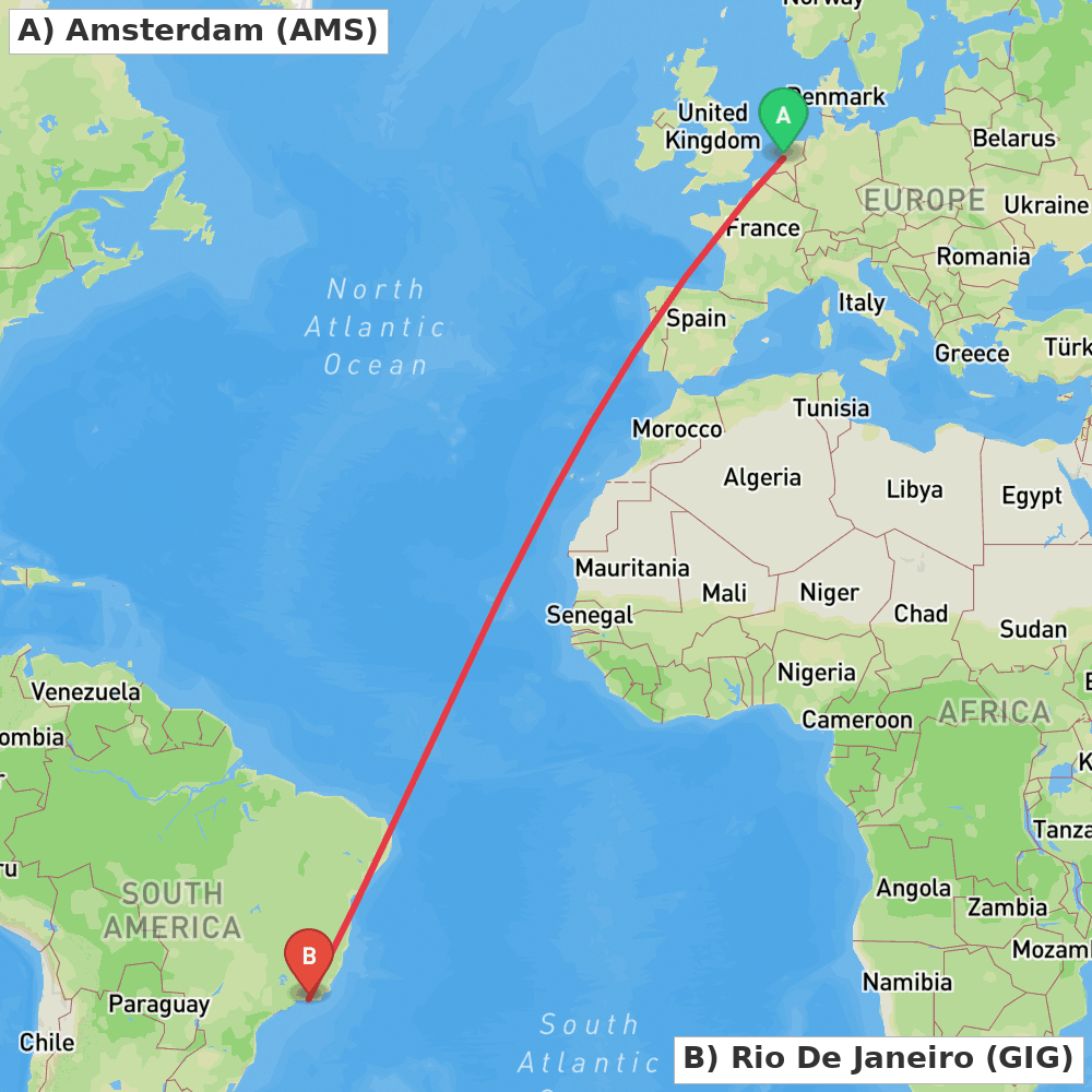 Flight route map from Amsterdam to Rio De Janeiro
