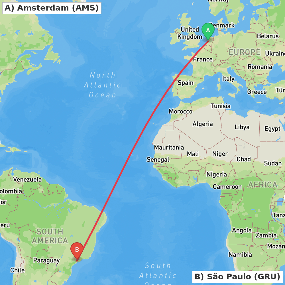 Flight route map from Amsterdam to São Paulo
