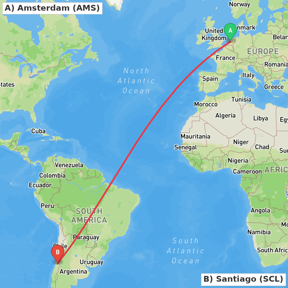 Flight route map from Amsterdam to Santiago