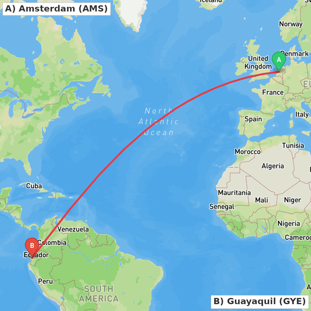 Flight route map from Amsterdam to Guayaquil