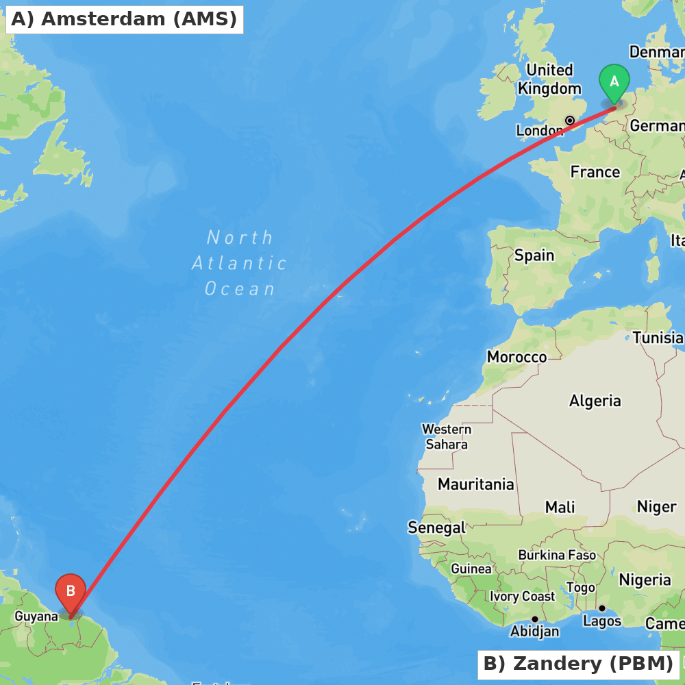 Flight route map from Amsterdam to Zandery