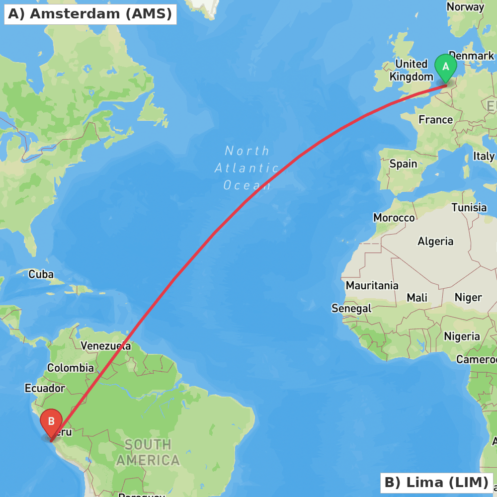 Flight route map from Amsterdam to Lima