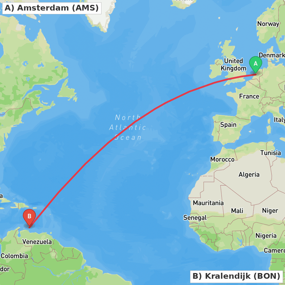 Flight route map from Amsterdam to Kralendijk