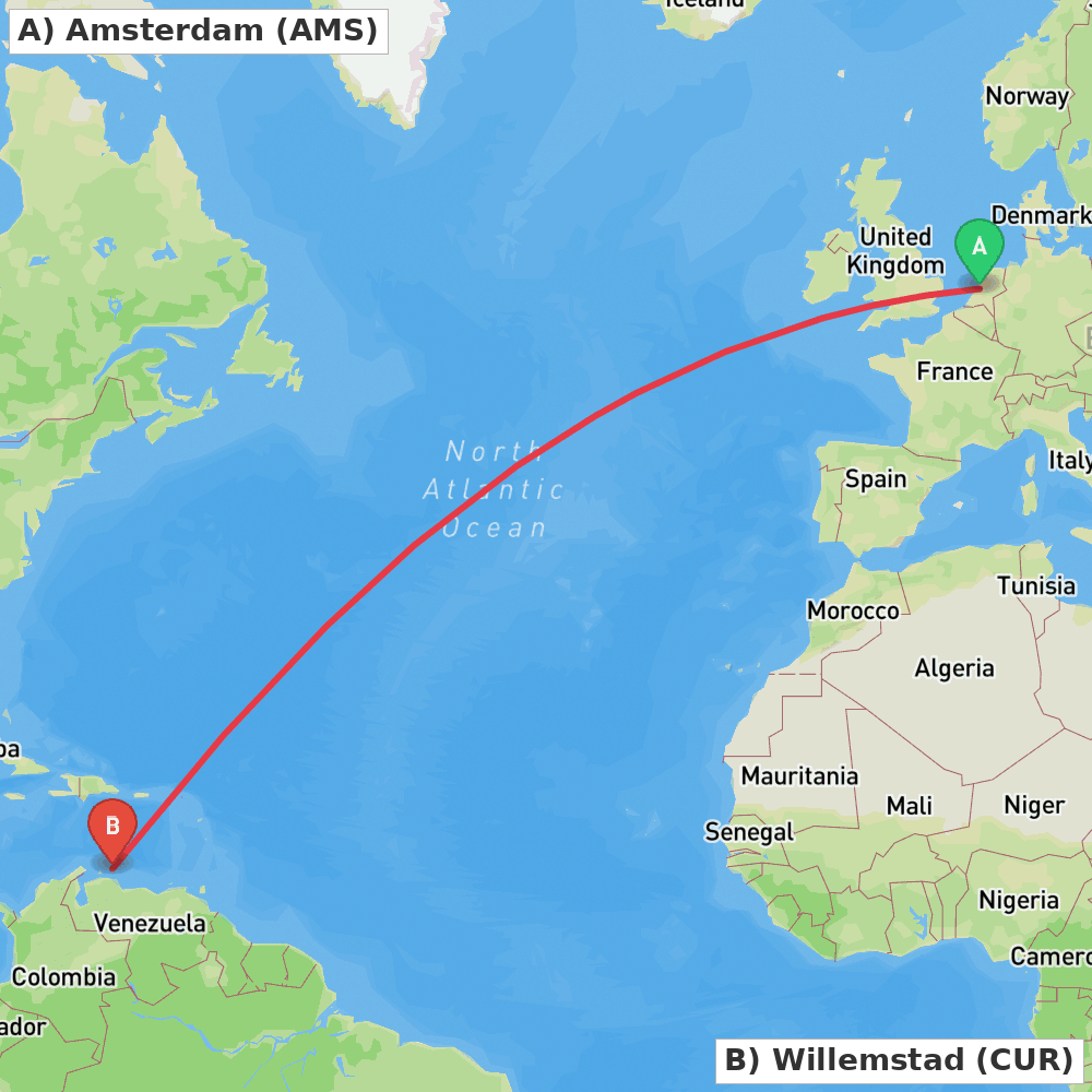 Flight route map from Amsterdam to Willemstad