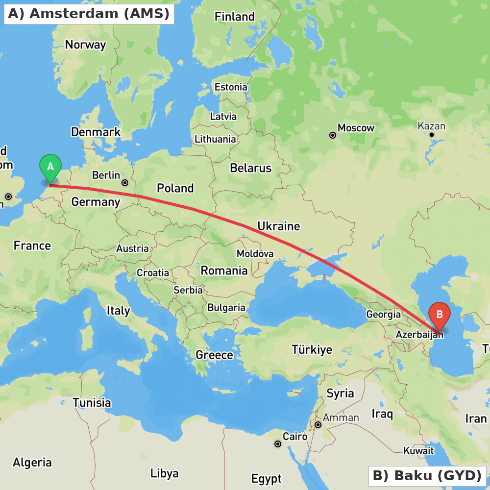 Flight route map from Amsterdam to Baku