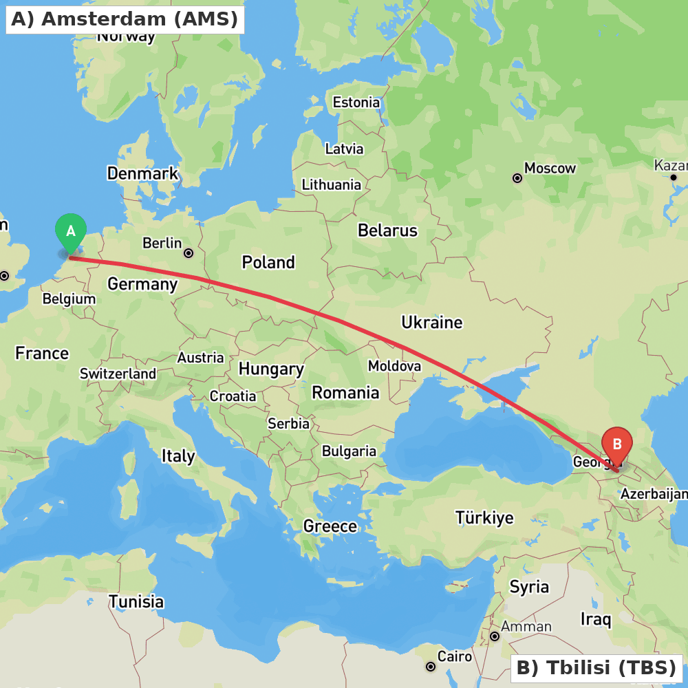 Flight route map from Amsterdam to Tbilisi