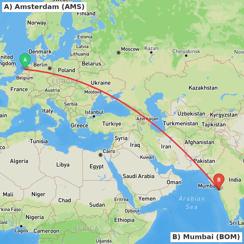 Flight route map from Amsterdam to Mumbai