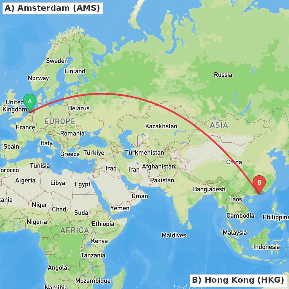 Flight route map from Amsterdam to Hong Kong