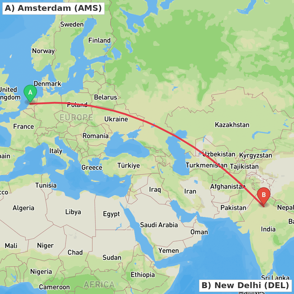 Flight route map from Amsterdam to New Delhi