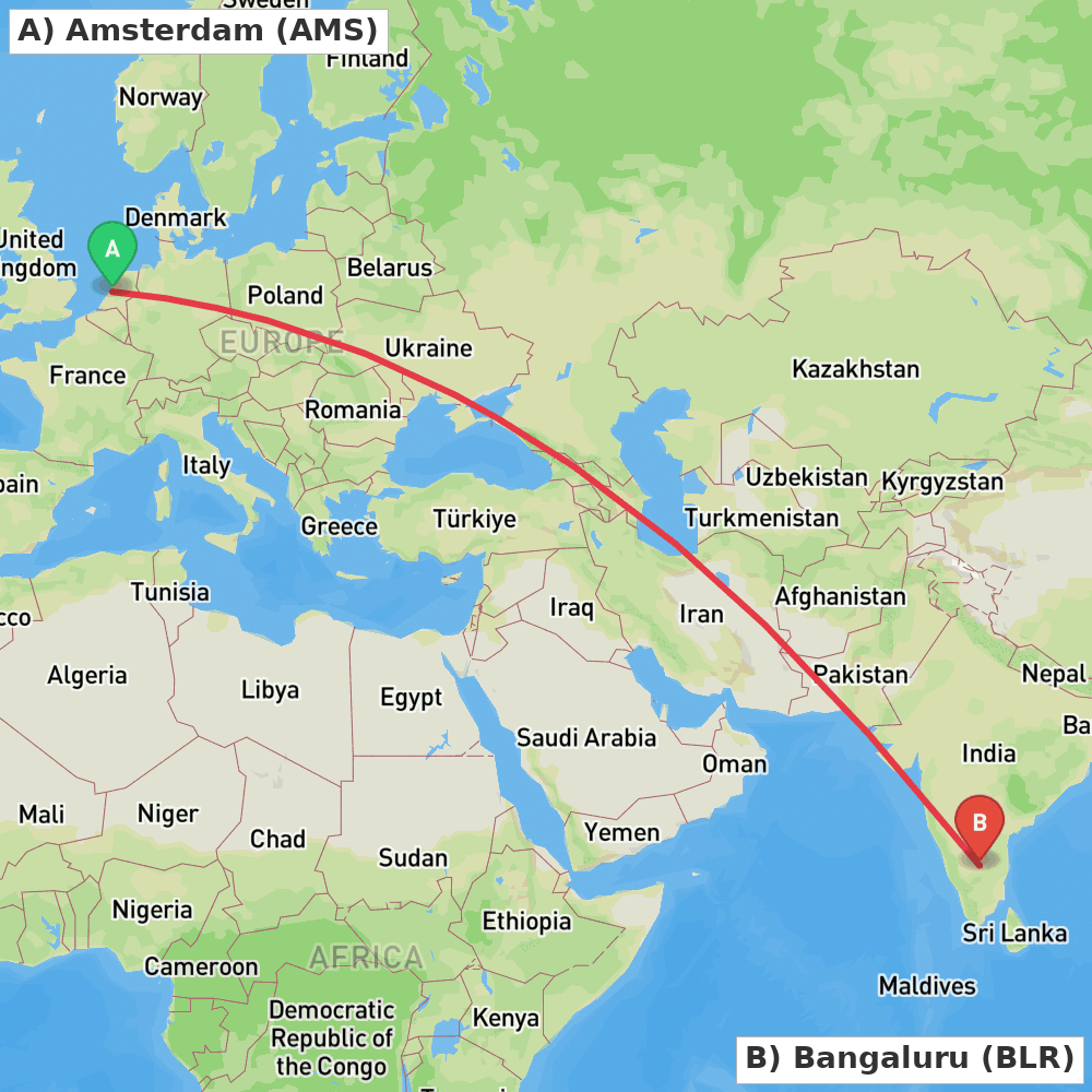 Flight route map from Amsterdam to Bangaluru