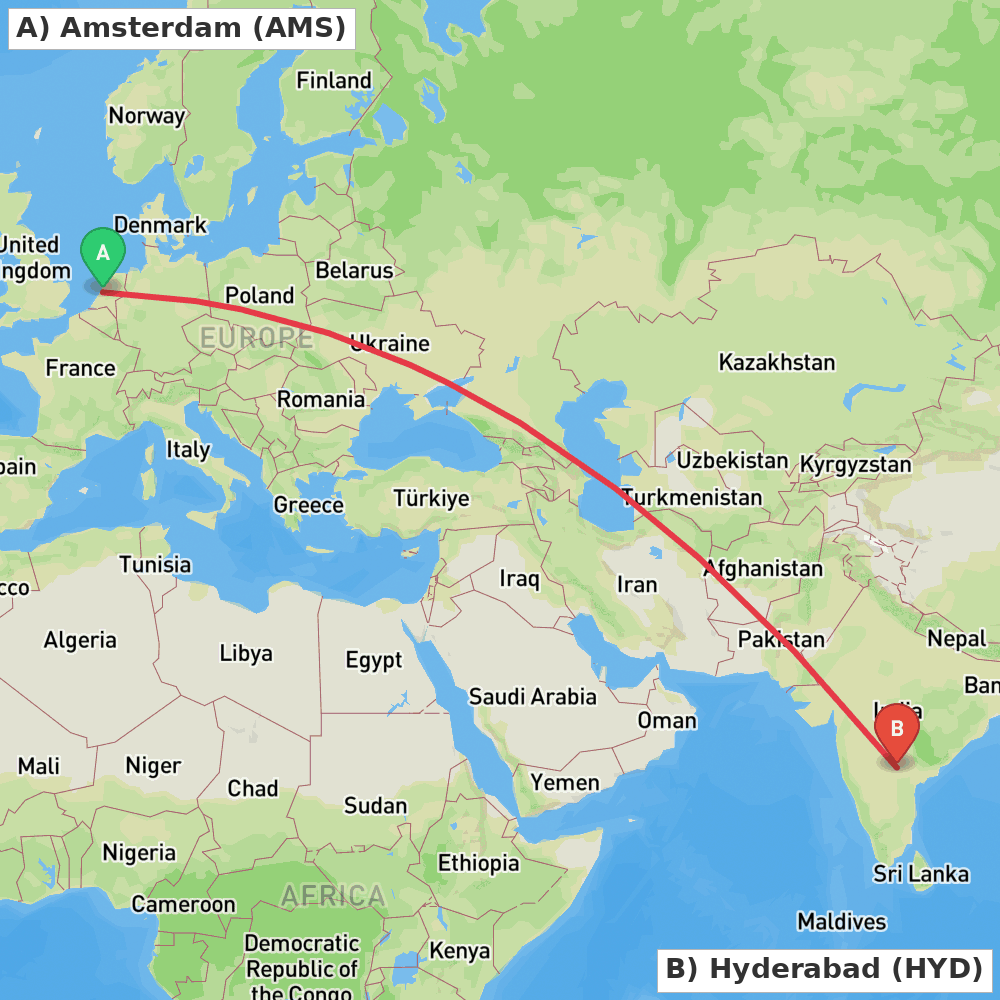 Flight route map from Amsterdam to Hyderabad
