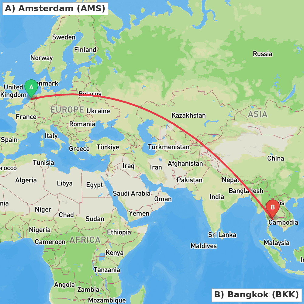 Flight route map from Amsterdam to Bangkok