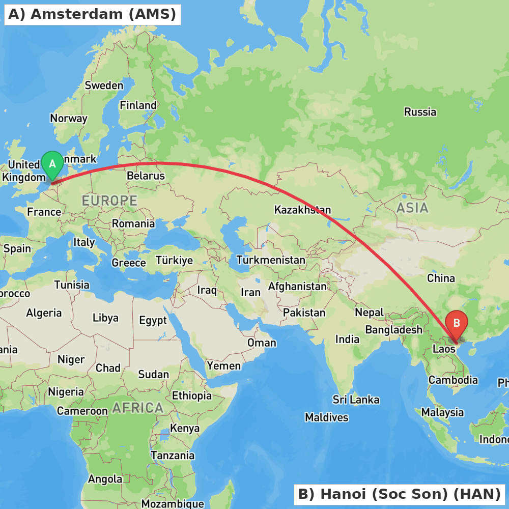 Flight route map from Amsterdam to Hanoi (Soc Son)