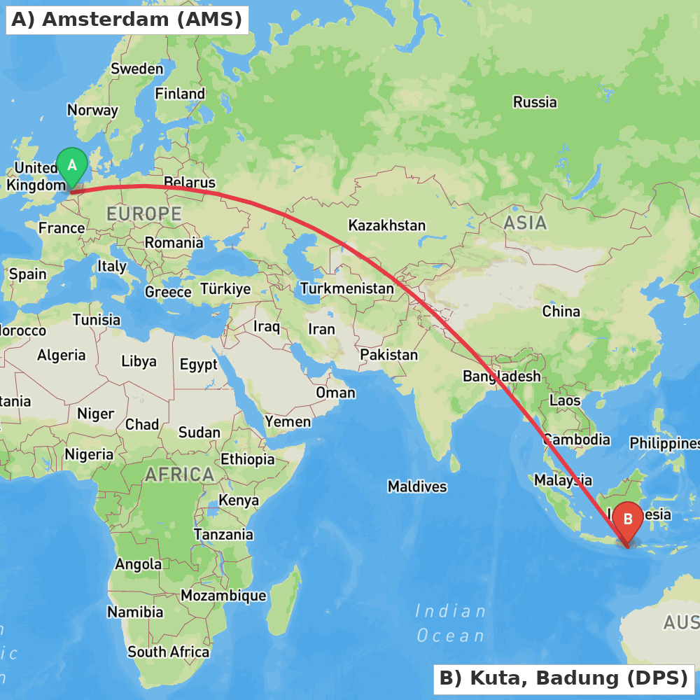 Flight route map from Amsterdam to Kuta, Badung