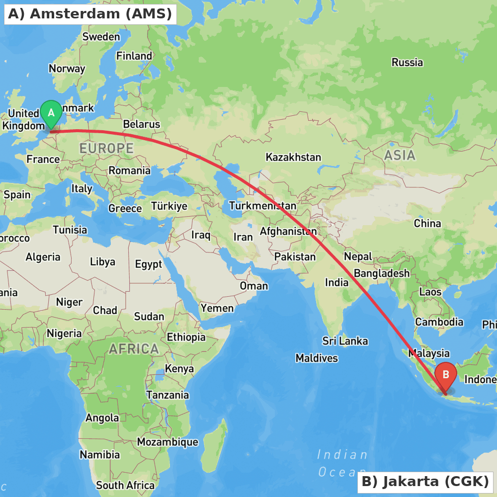 Flight route map from Amsterdam to Jakarta