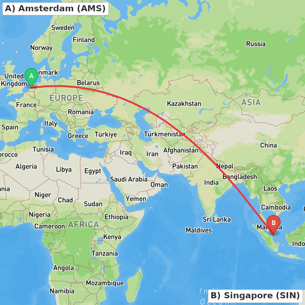 Flight route map from Amsterdam to Singapore