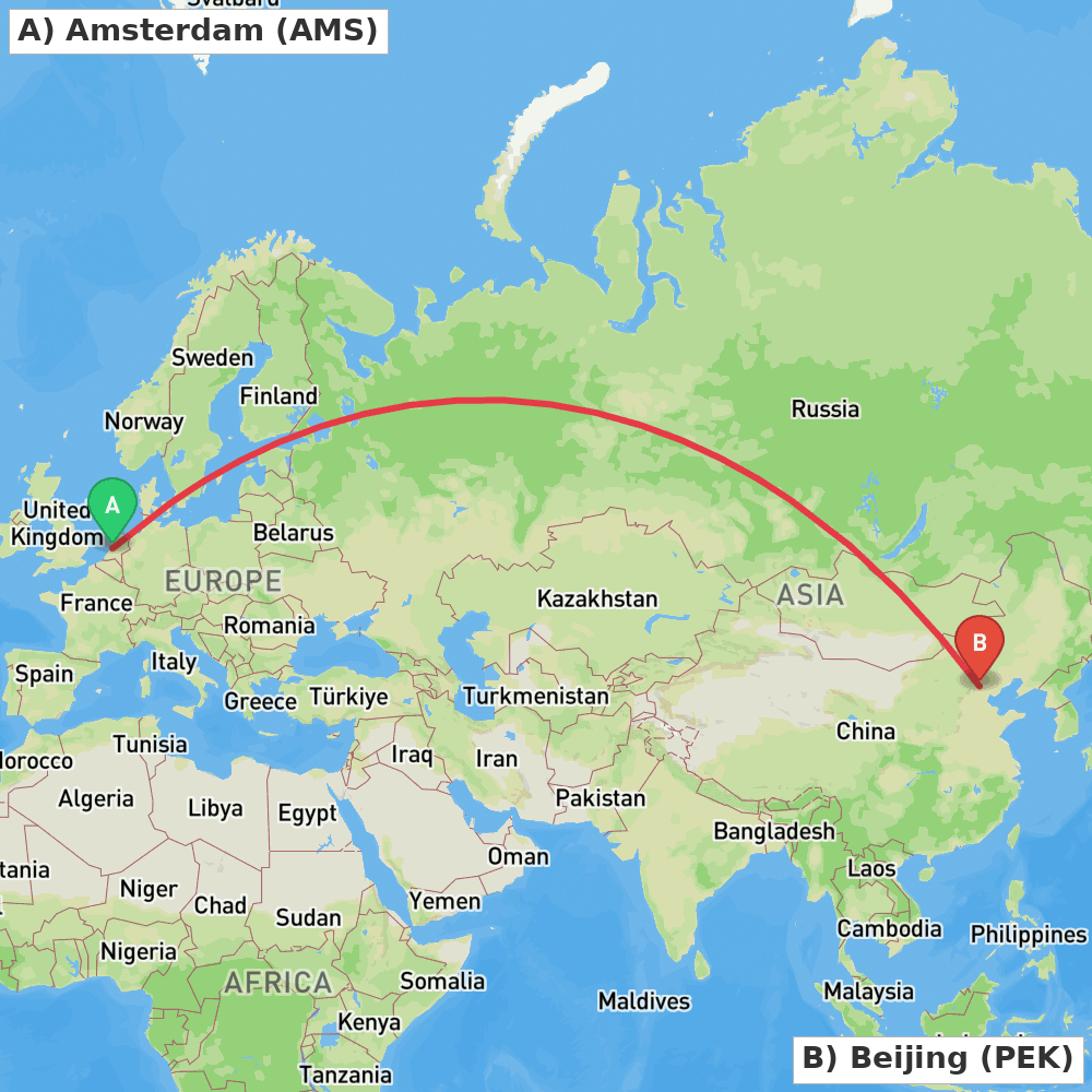 Flight route map from Amsterdam to Beijing