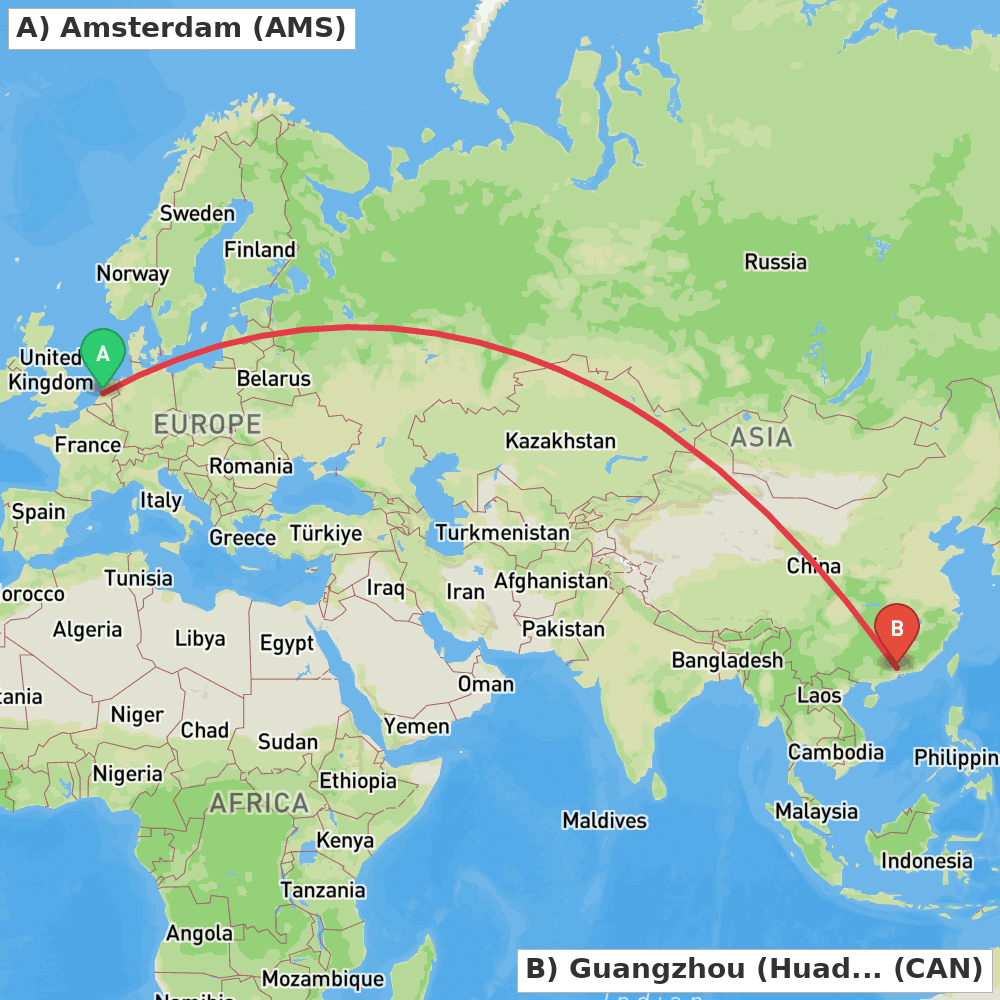 Flight route map from Amsterdam to Guangzhou (Huadu)